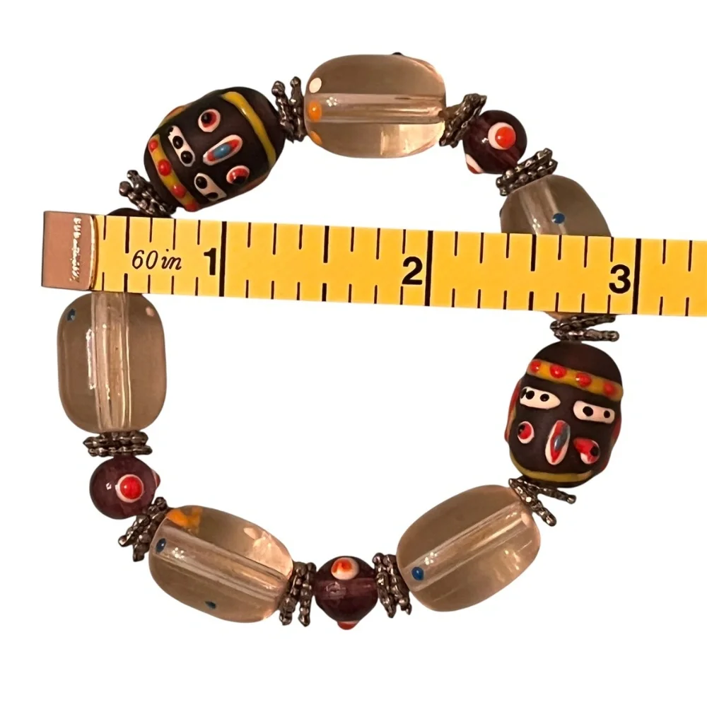Vintage Face Trade Bead Stretch Bracelet Tribal Folk Art Jewelry Unisex